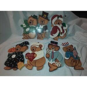 7x Vintage Hand Made Painted Wood Holiday Seasonal Bears 12" Wall Hanger Decor